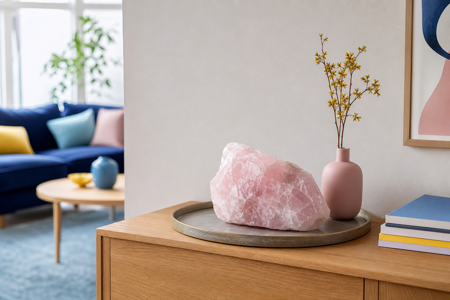 Quartz rose posé sur un plateau stable dans un salon contemporain