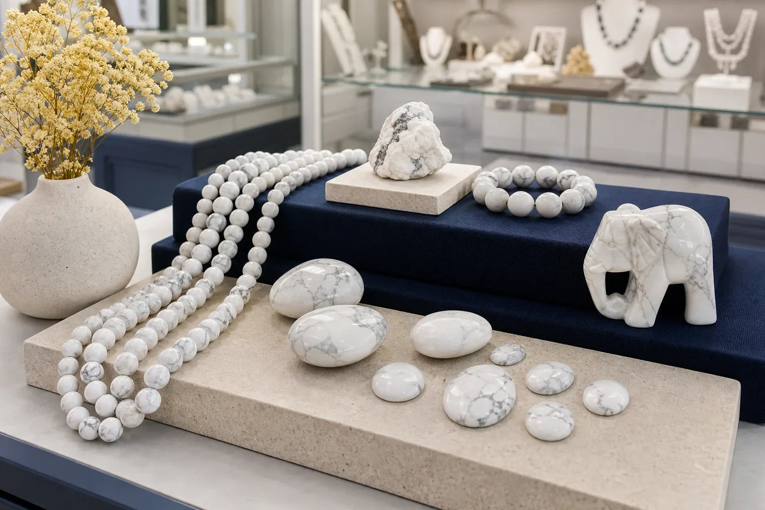 Présentation de howlite sur des niveaux en boutique