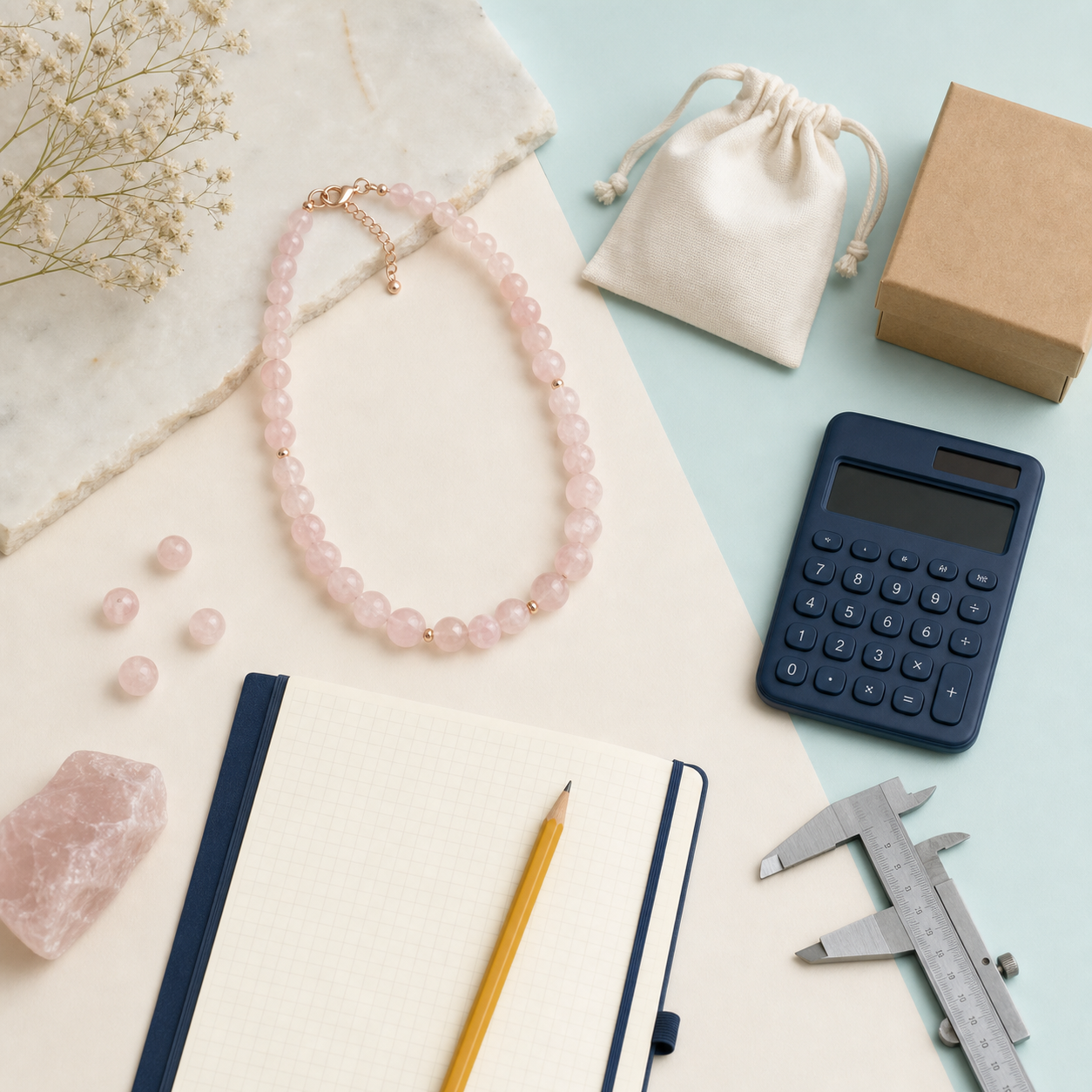 Atelier de calcul du prix d’un bijou en quartz rose avec collier, calculatrice et carnet