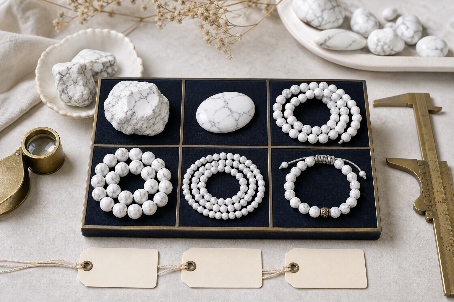 Howlite brute, cabochons, perles et bracelet présentés pour comparer leur valeur