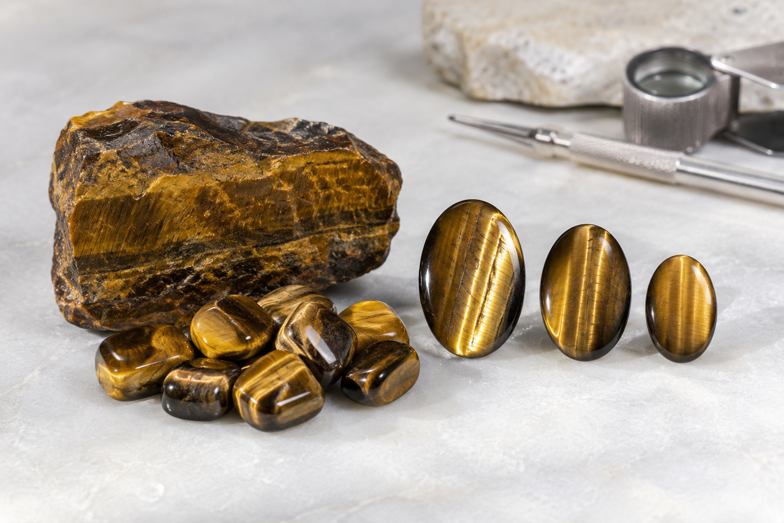 Œil de tigre brut, pierres roulées et cabochons comparés