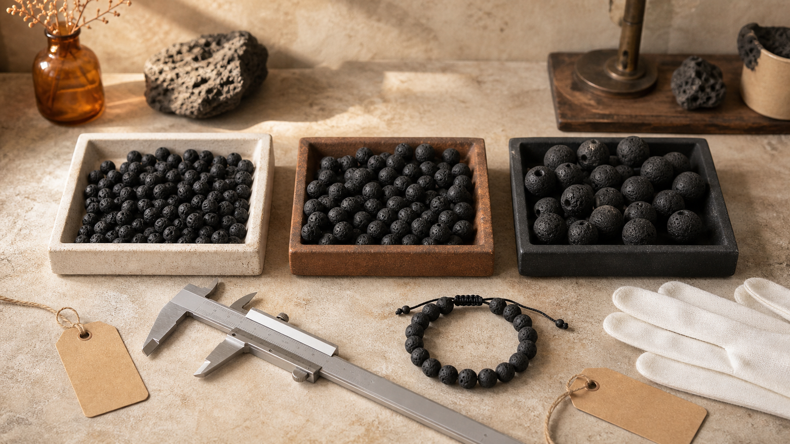Lots de perles en pierre de lave comparés sur une table de contrôle
