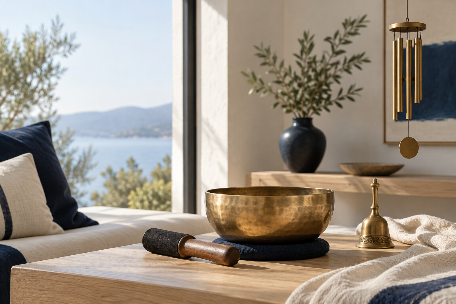 Purification sonore avec bol, cloche et carillon dans un intérieur calme