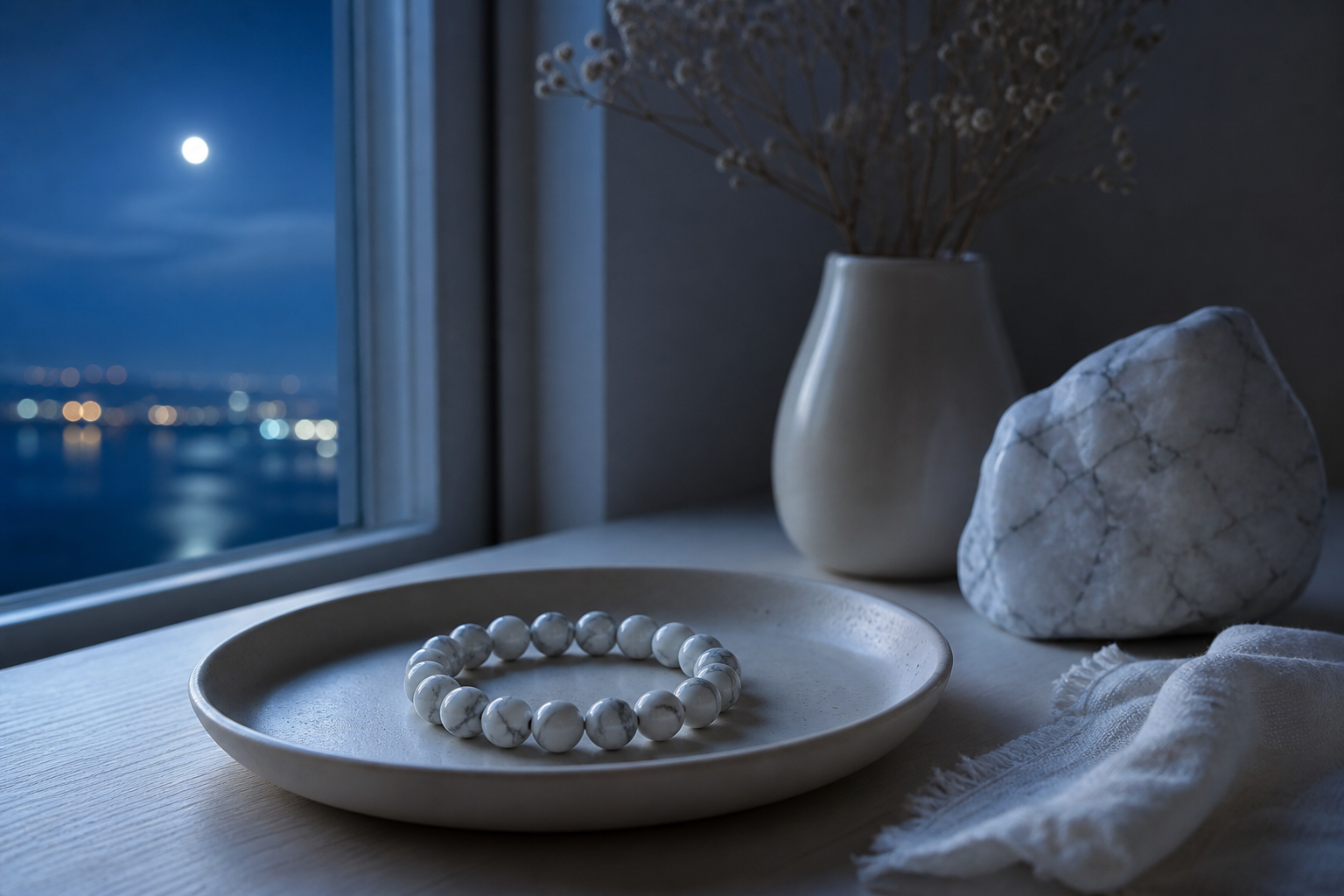 Bracelet en howlite posé au sec près d’une fenêtre au clair de lune