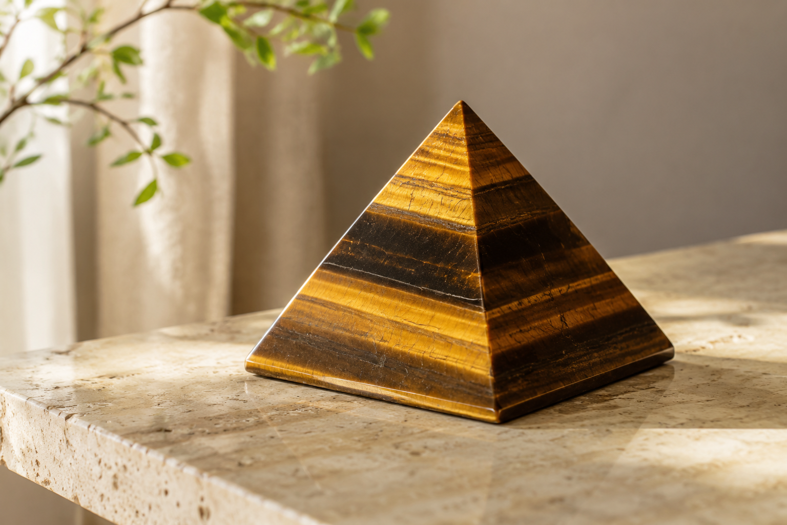 Pyramide en œil de tigre polie dans une décoration intérieure lumineuse