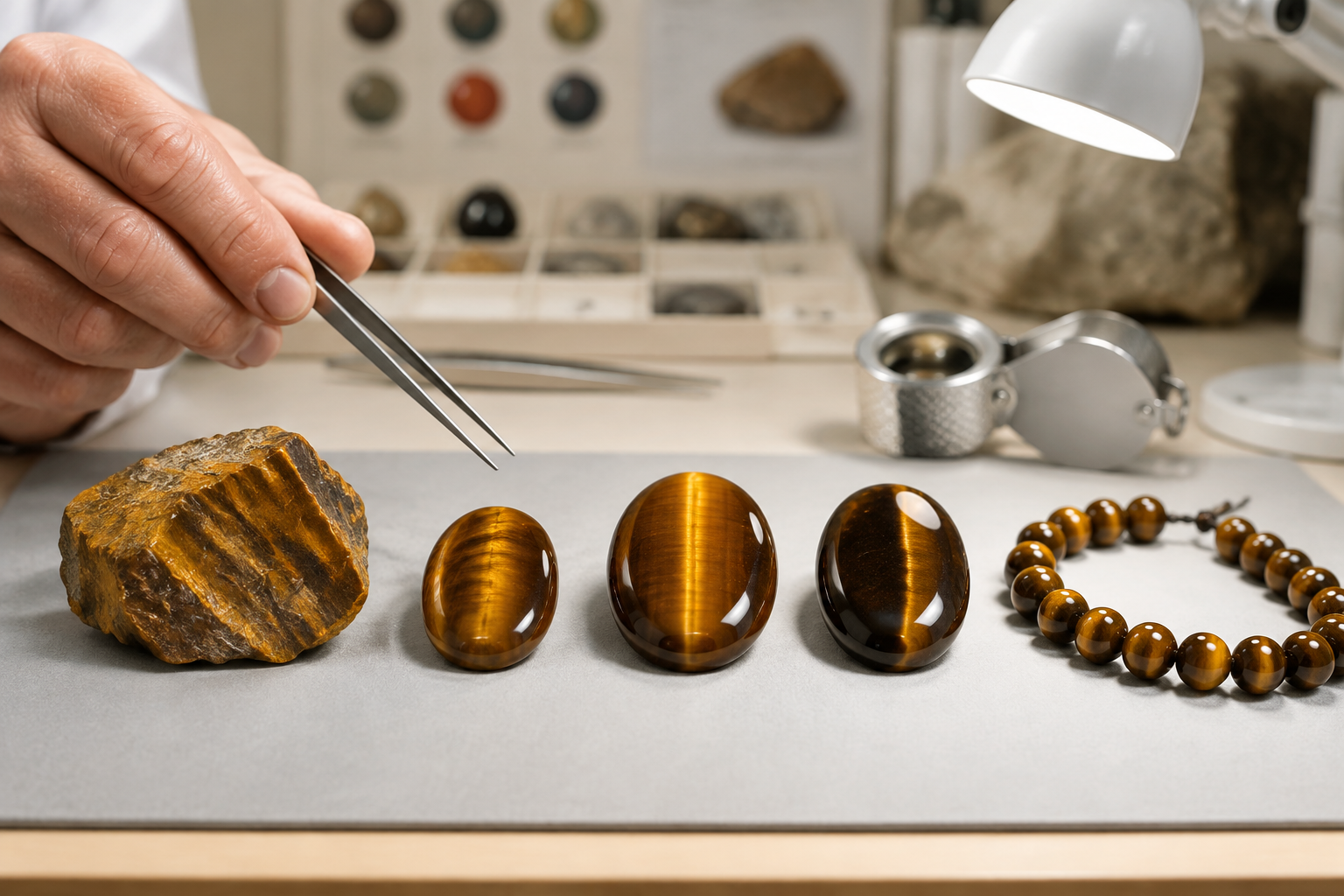 Évaluation comparative de pierres, cabochons et bracelet en œil de tigre sous lumière blanche