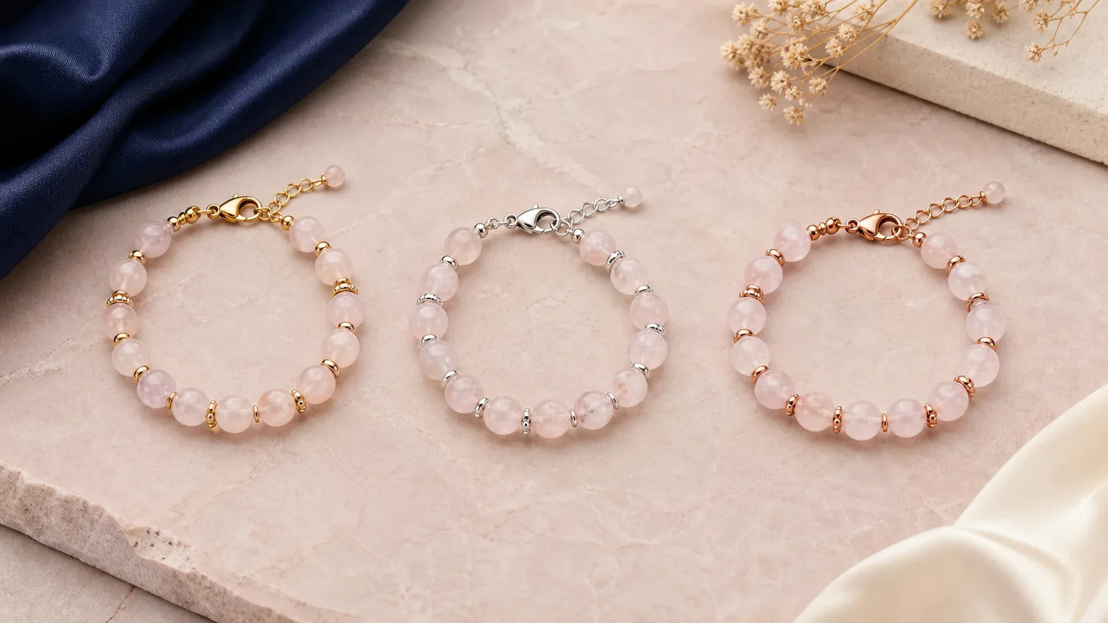 Trois bracelets en quartz rose avec apprêts dorés argentés et dorés rose