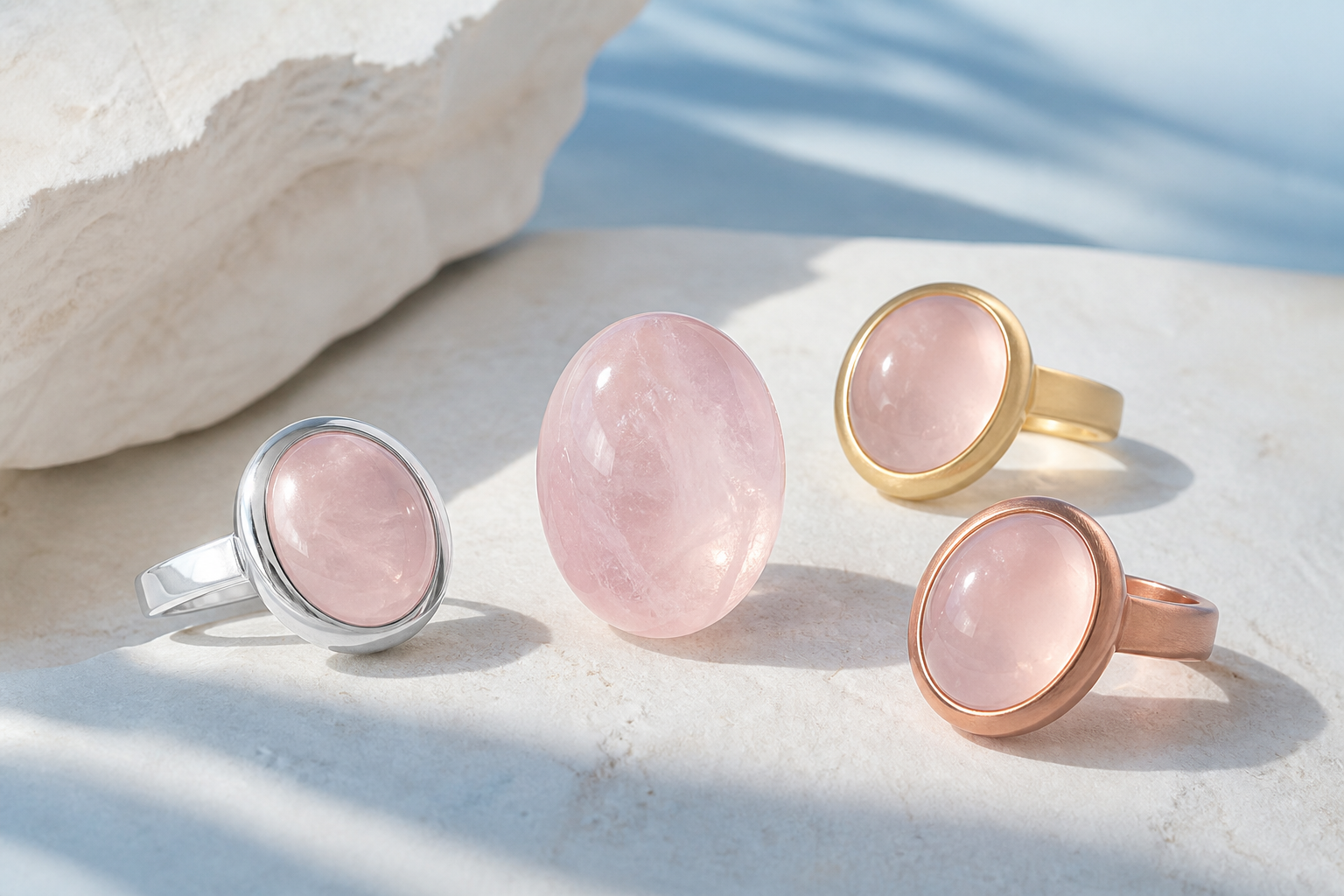 Quartz rose comparé avec argent, or jaune et or rose