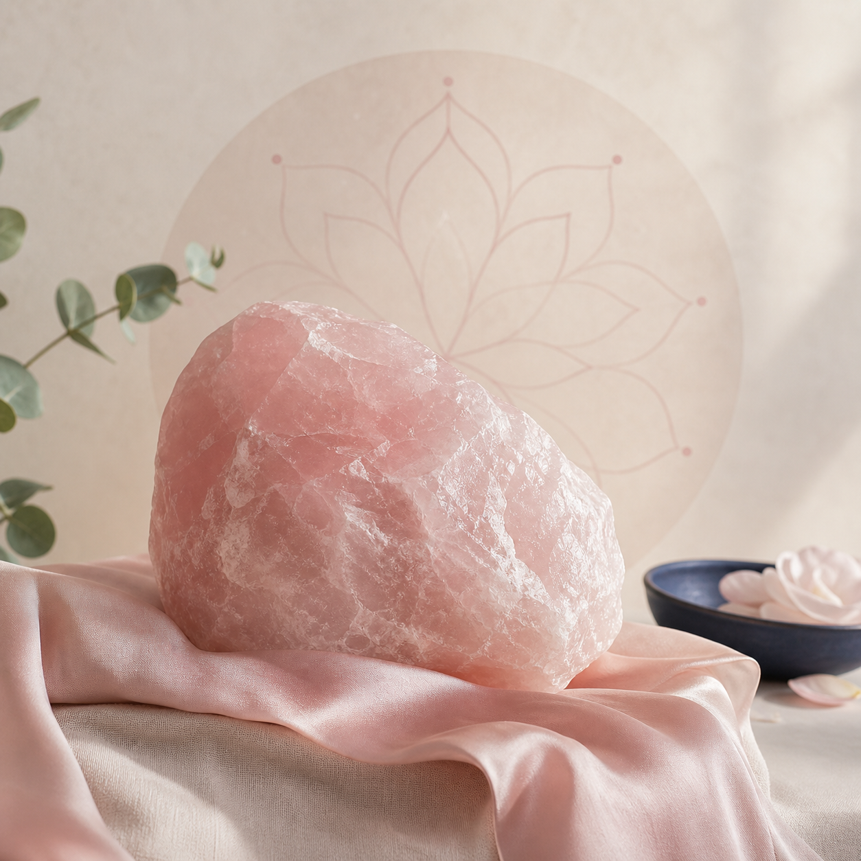 Quartz rose brut devant un motif abstrait évoquant le chakra du cœur