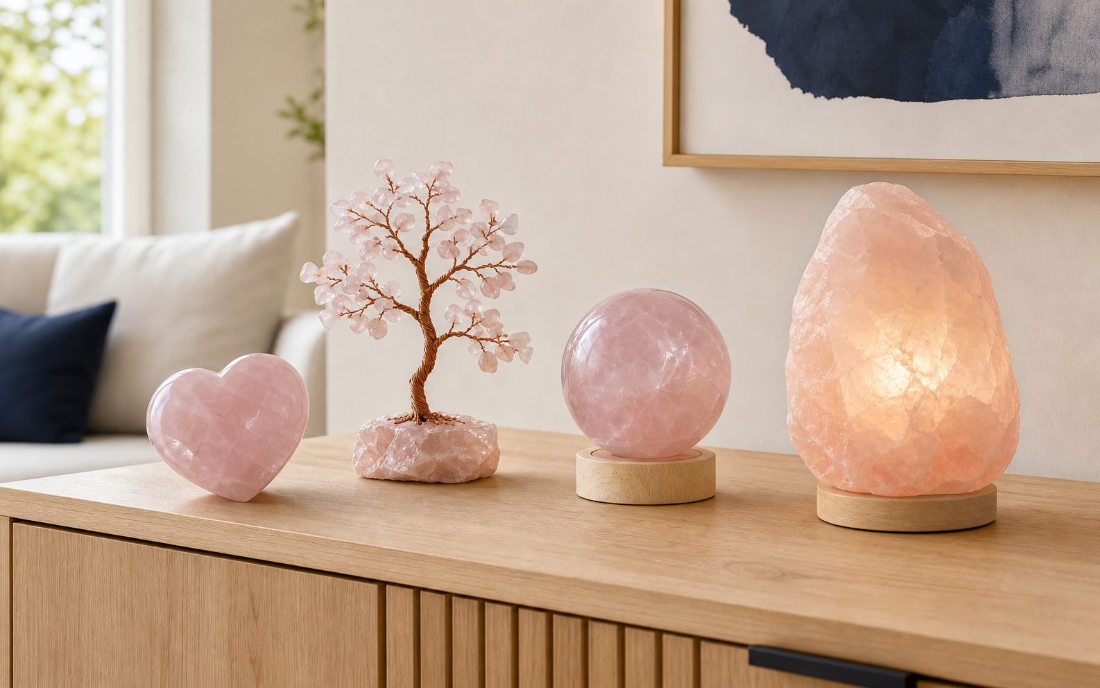 Cœur, arbre, sphère et lampe en quartz rose dans un intérieur