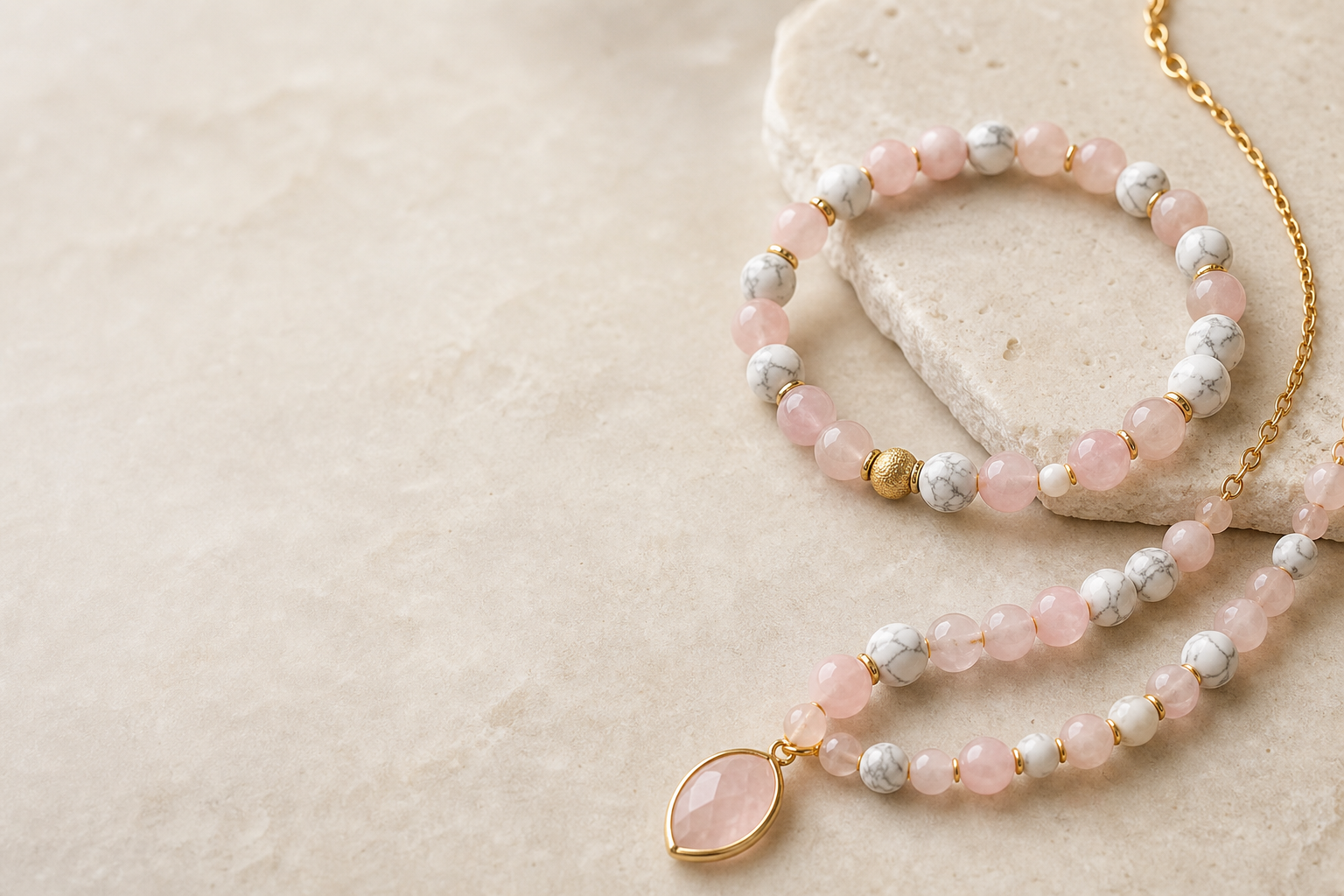 Bracelet et collier associant quartz rose et howlite blanche