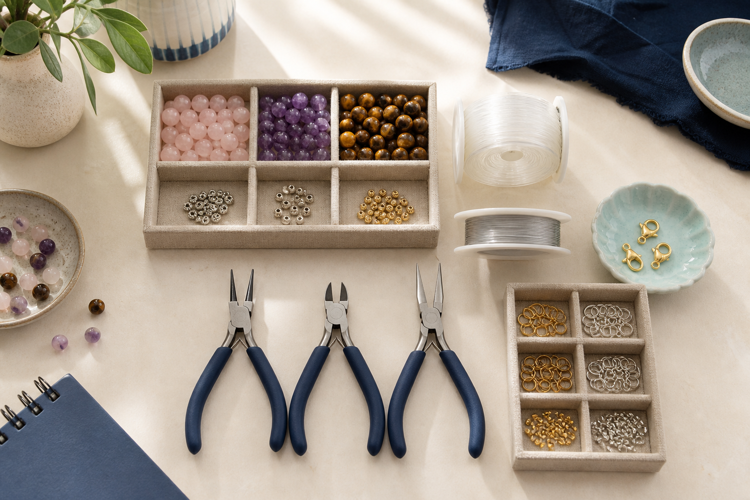 Assortiment de perles naturelles et matériel essentiel pour débuter la création de bijoux