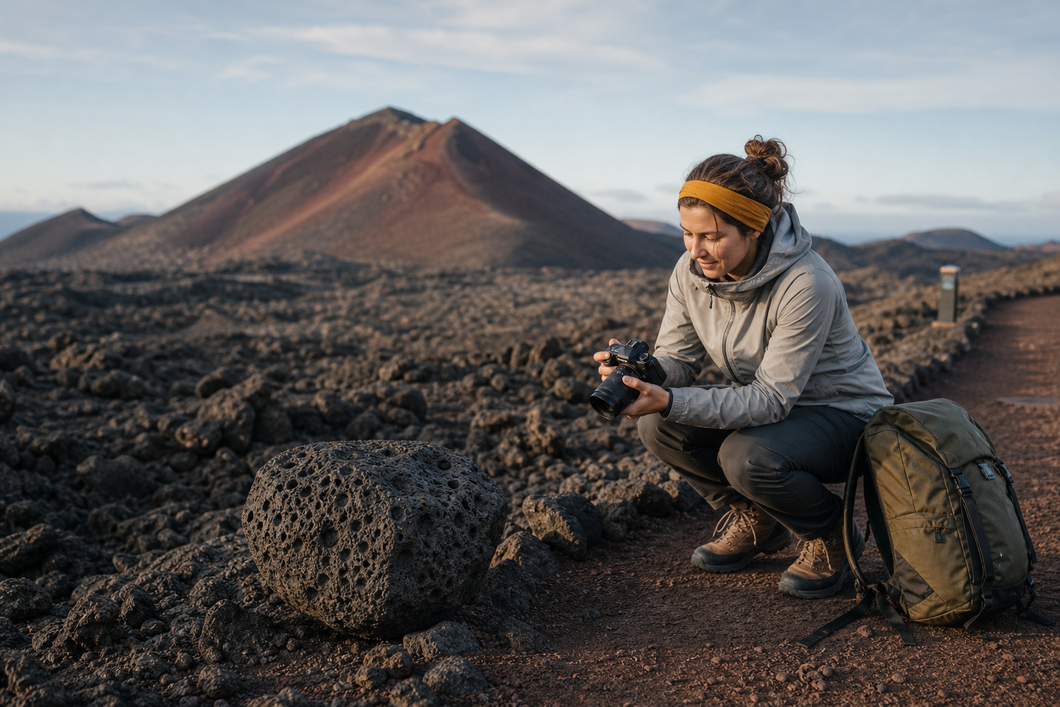 Voyageuse photographiant une roche volcanique laissée sur place dans un champ de lave