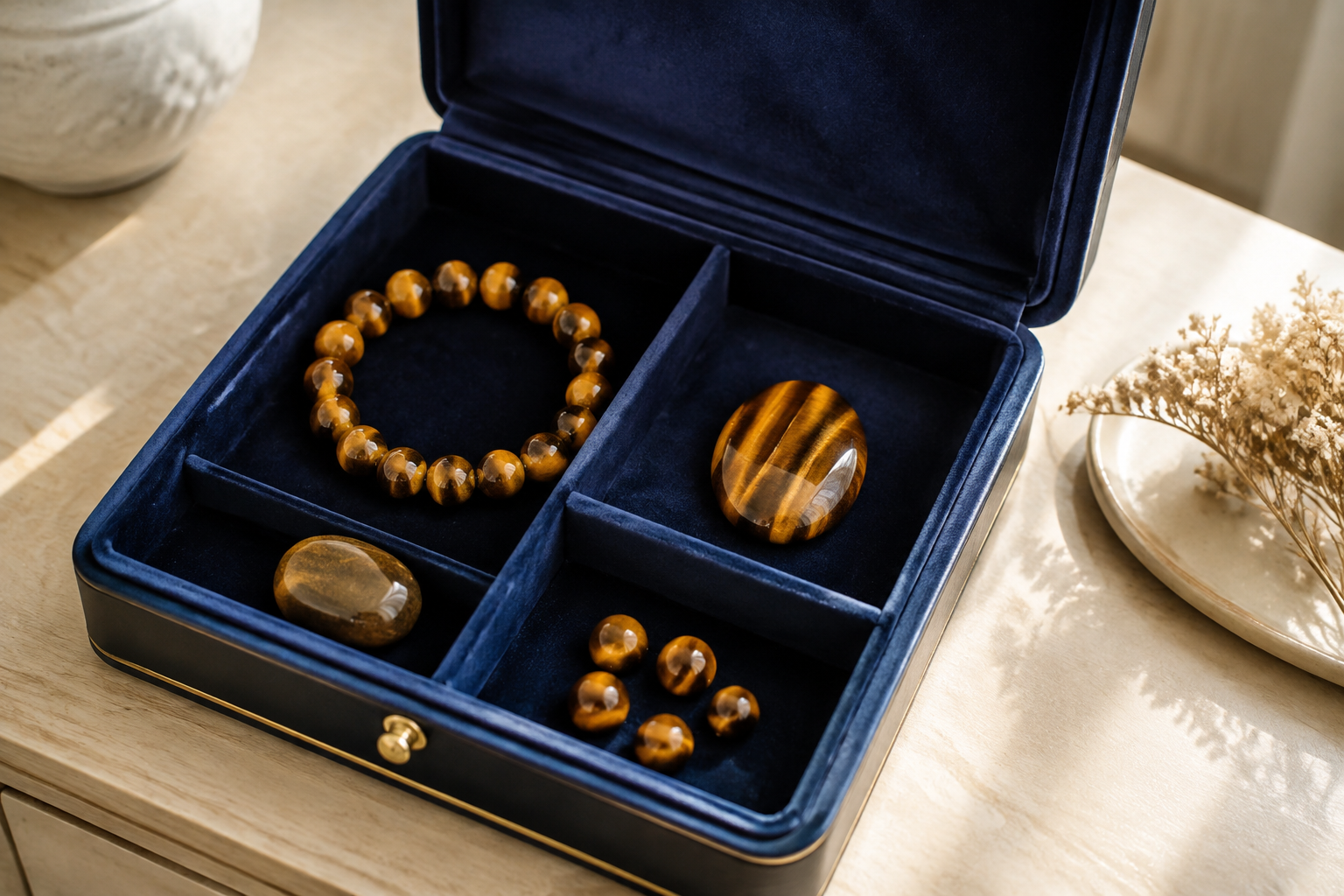 Œil de tigre rangé séparément dans un coffret à bijoux doublé et compartimenté