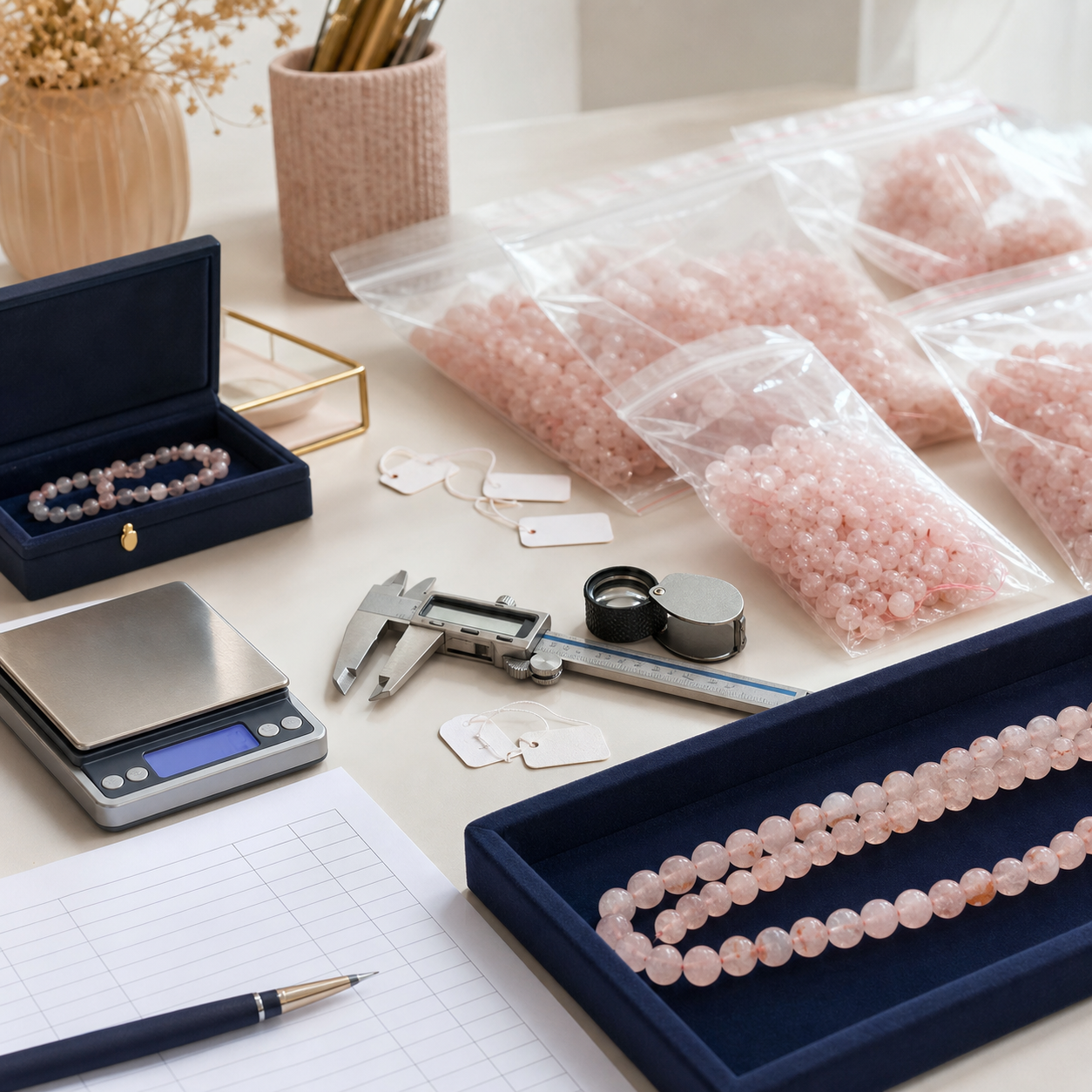 Lot de perles de quartz rose avec instruments de contrôle qualité