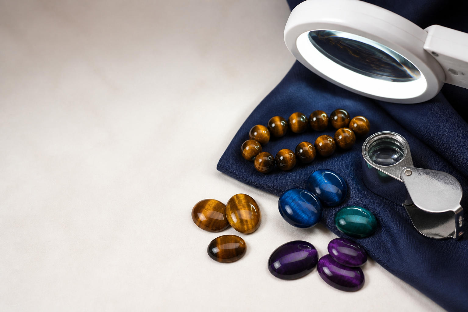 Œil de tigre naturel et pierres teintées bleues, vertes et violettes sous une lampe d’inspection