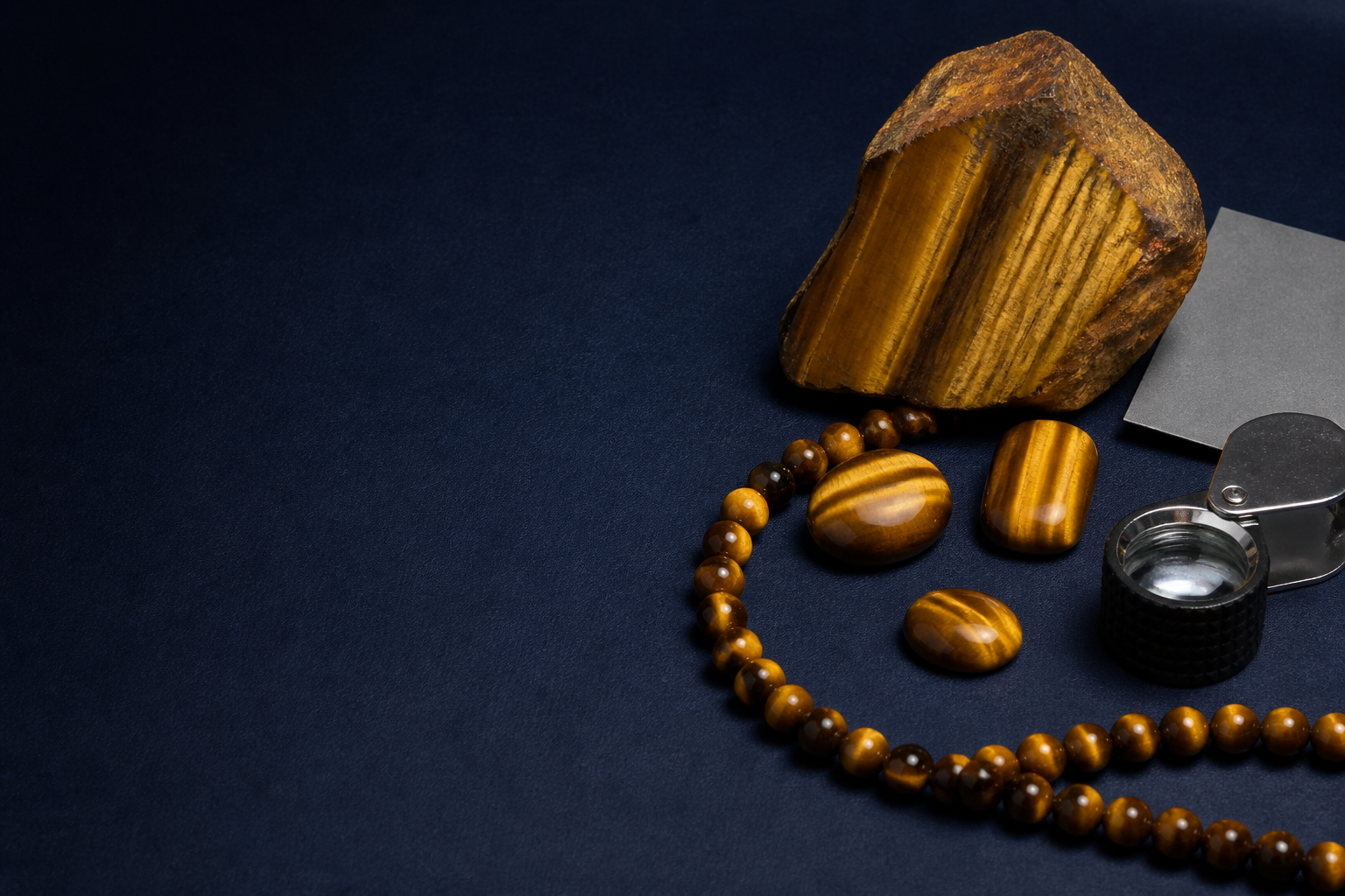 Œil de tigre brut, cabochons et perles examinés sous une lumière directionnelle