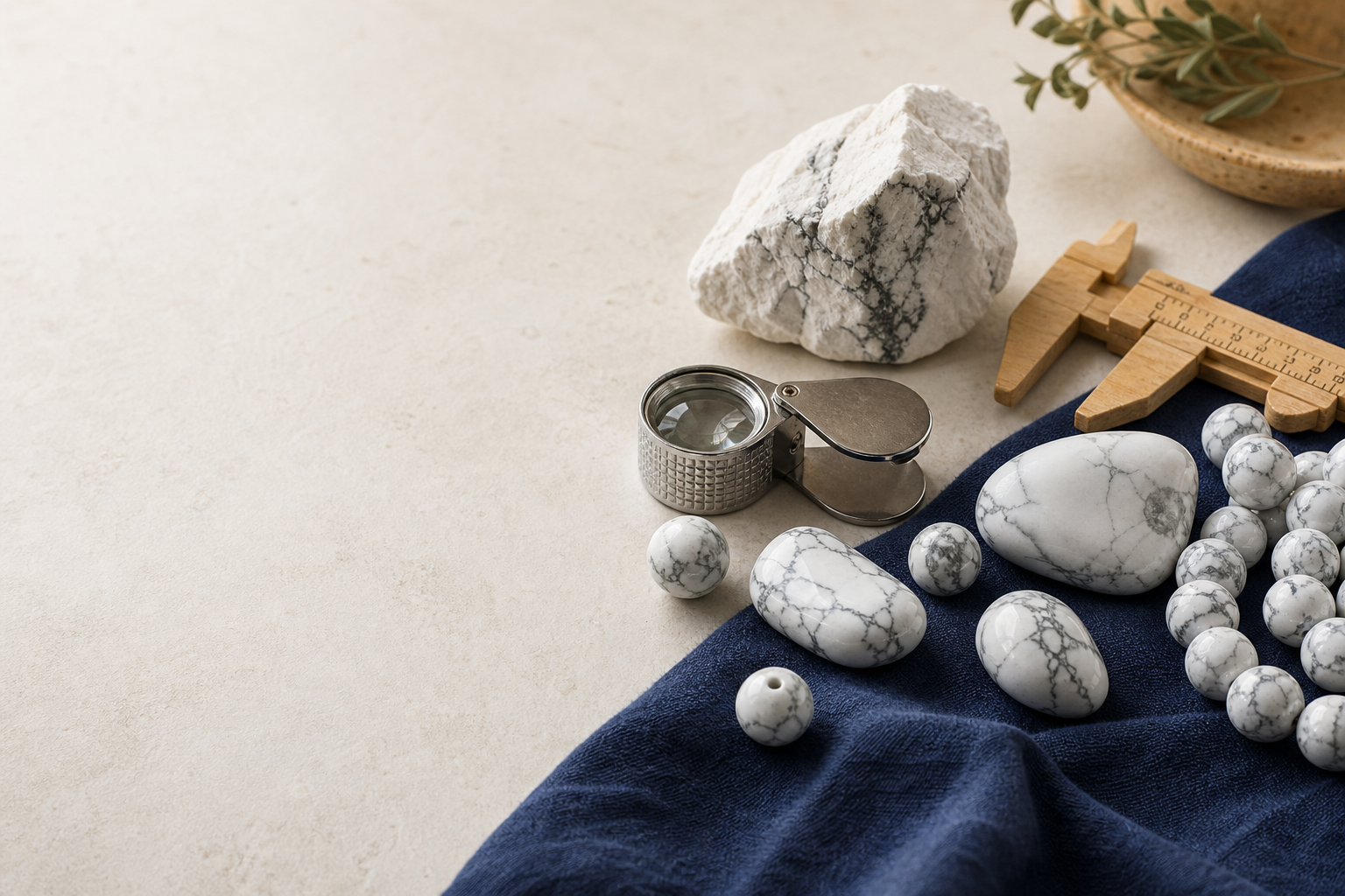 Comment reconnaître une vraie howlite : pierres, perles et loupe d’inspection