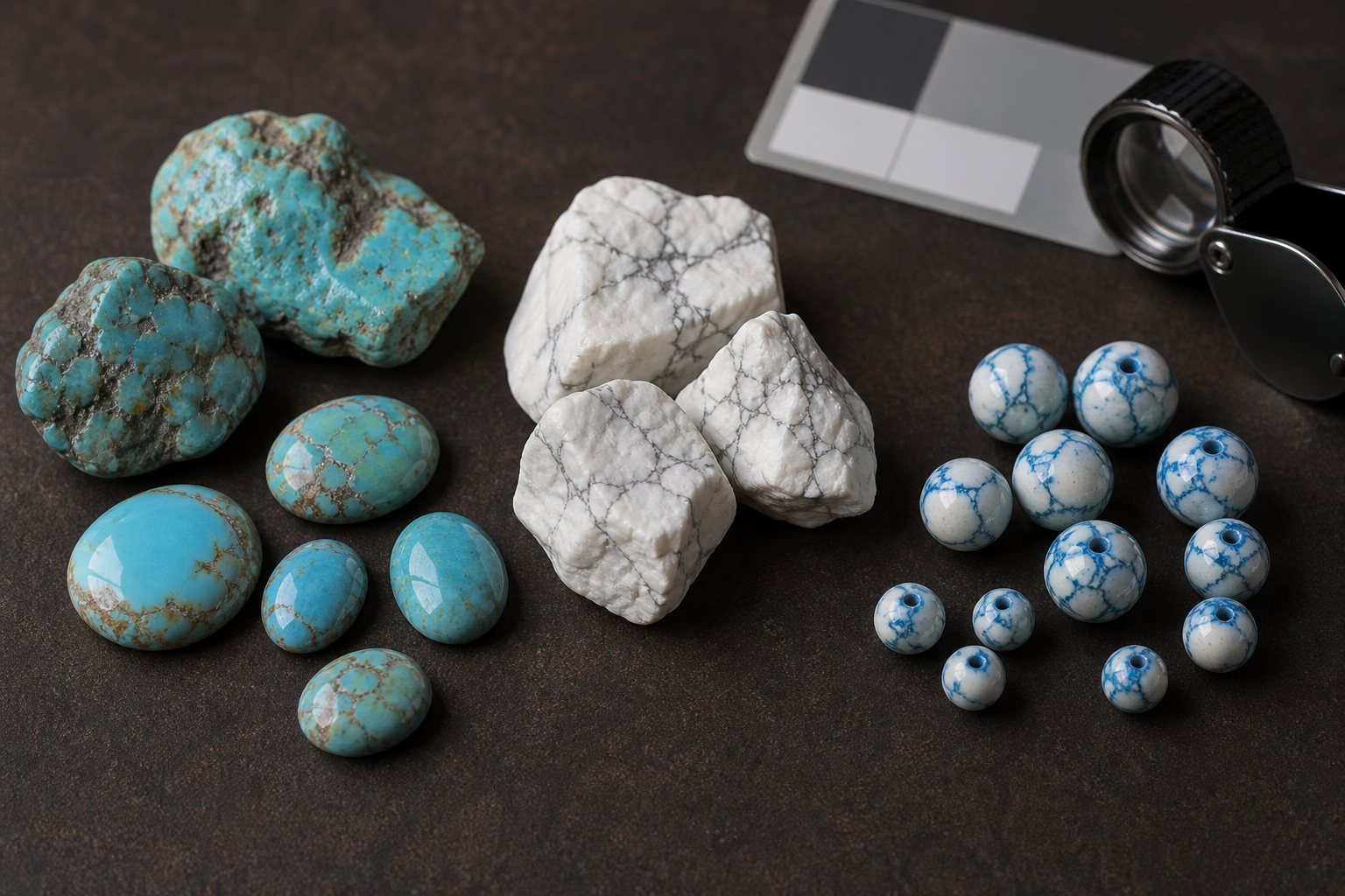 Comparaison entre turquoise naturelle, howlite blanche et howlite teintée en bleu