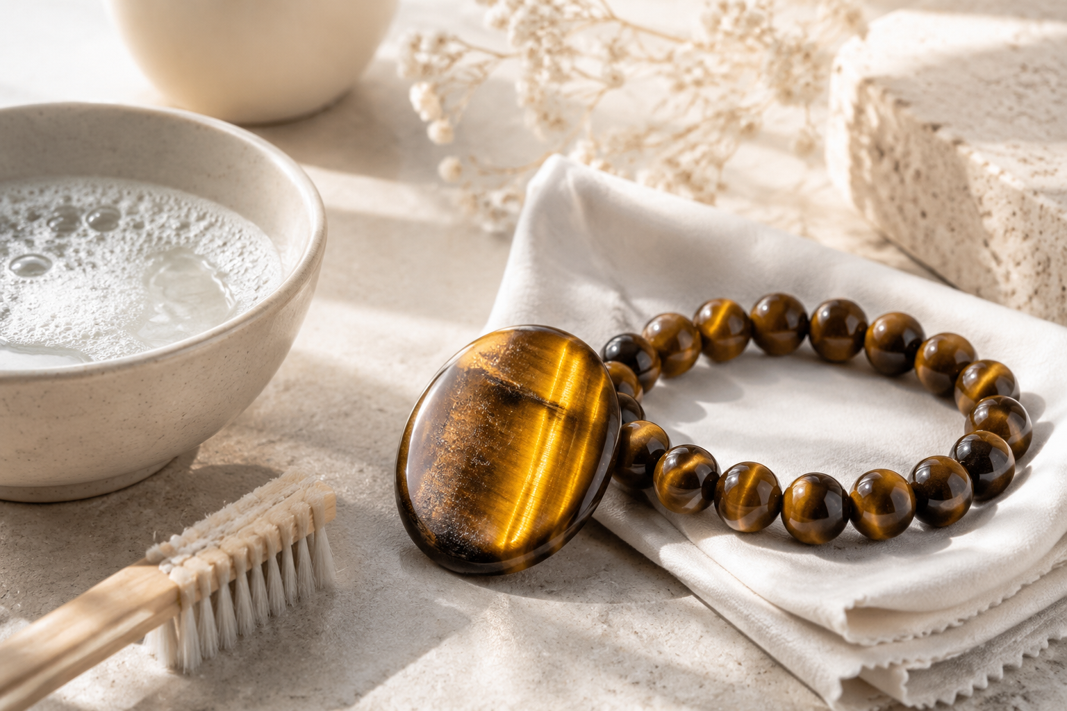 Œil de tigre mat et bracelet brillant avec matériel de nettoyage doux