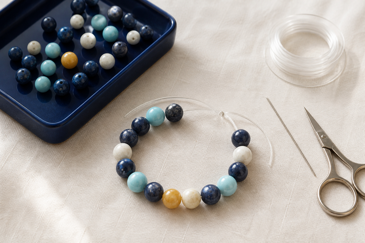 Bracelet élastique en cours de réparation avec ses perles conservées dans un plateau