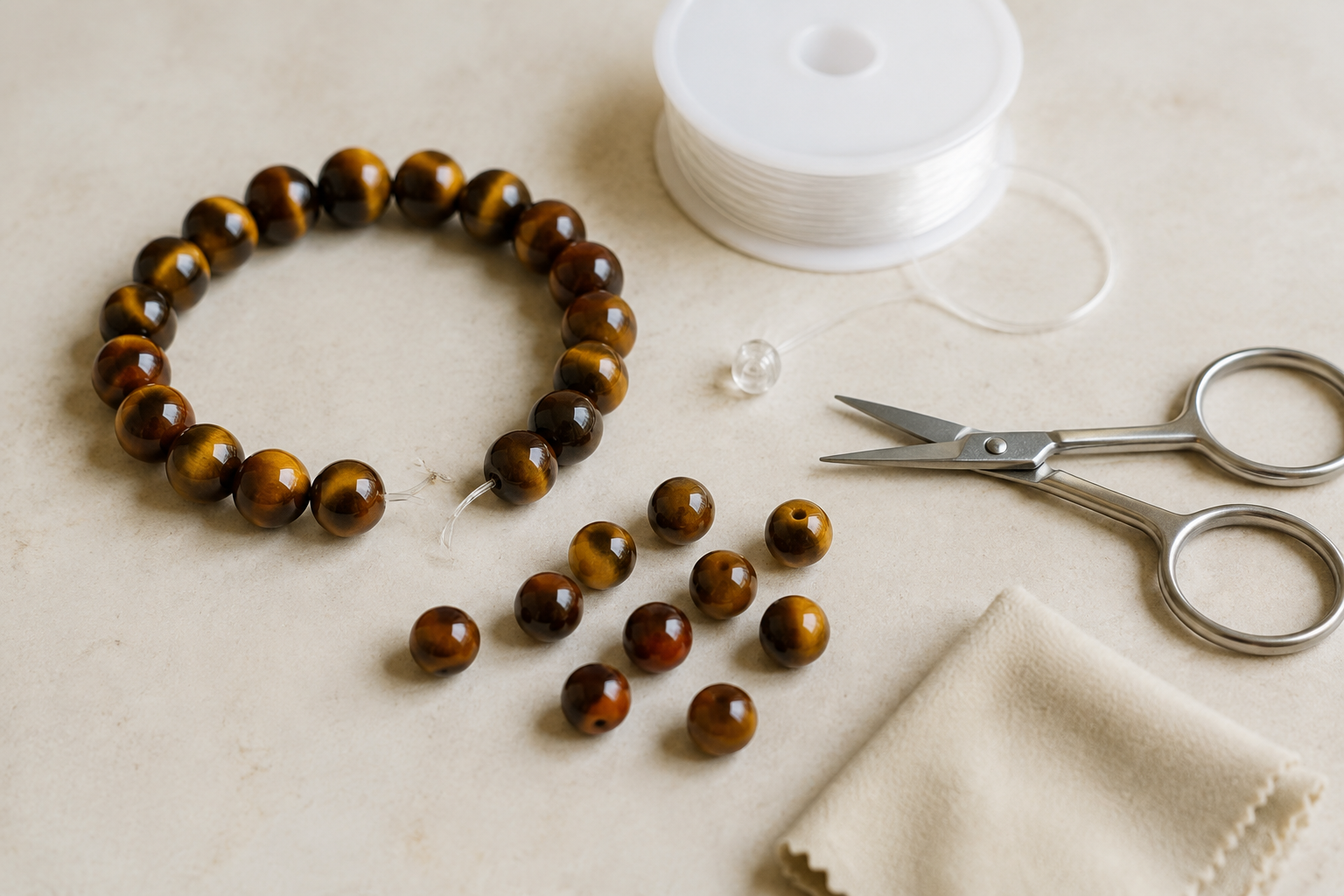 Bracelet en œil de tigre cassé avec perles, fil élastique et outils de réparation