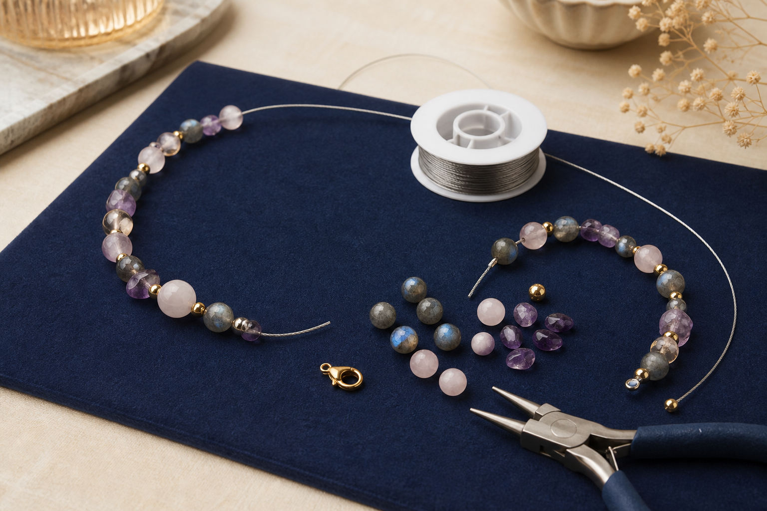 Collier en pierres naturelles cassé prêt à être remonté sur un nouveau fil