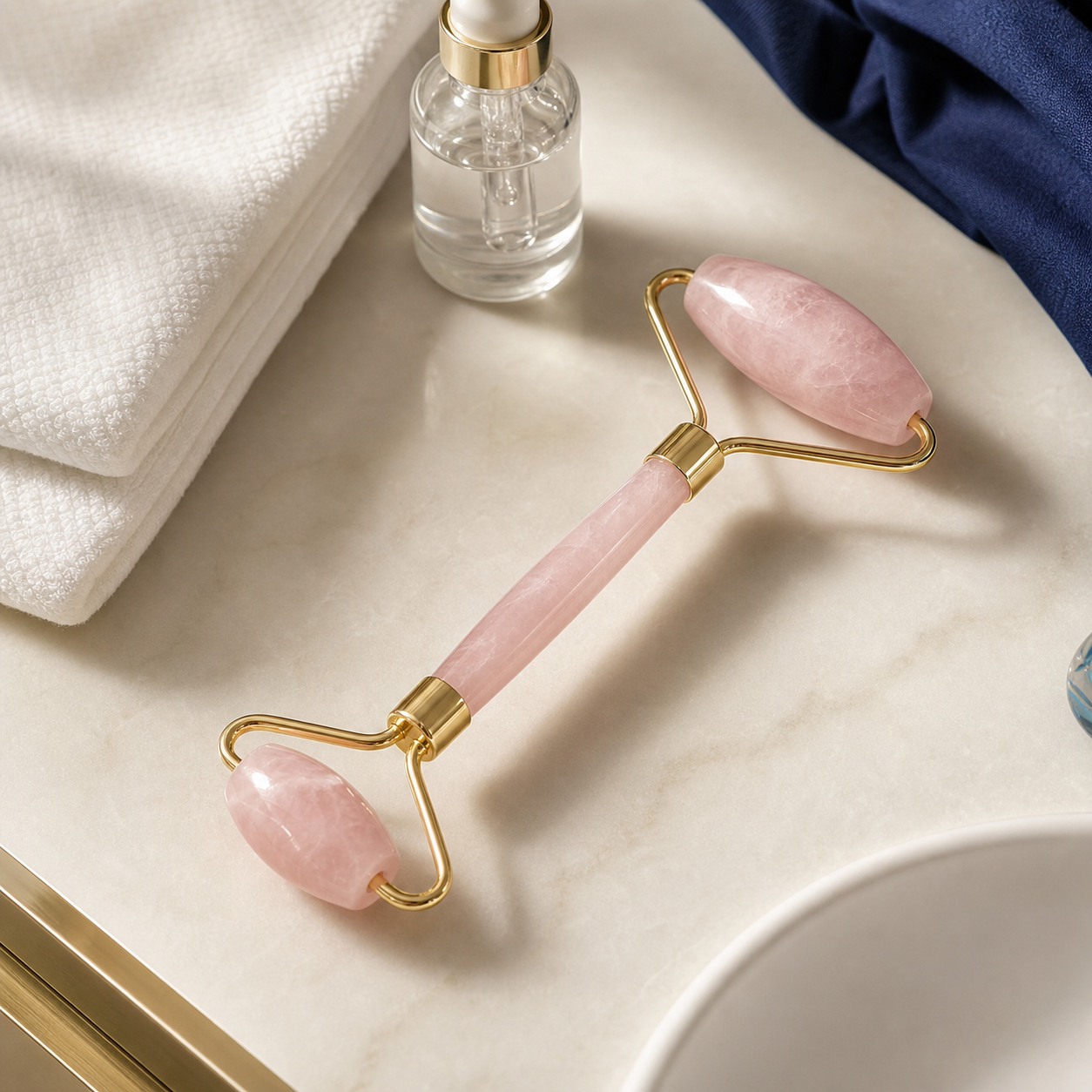 Rouleau facial en quartz rose sur une coiffeuse avec serviette et sérum