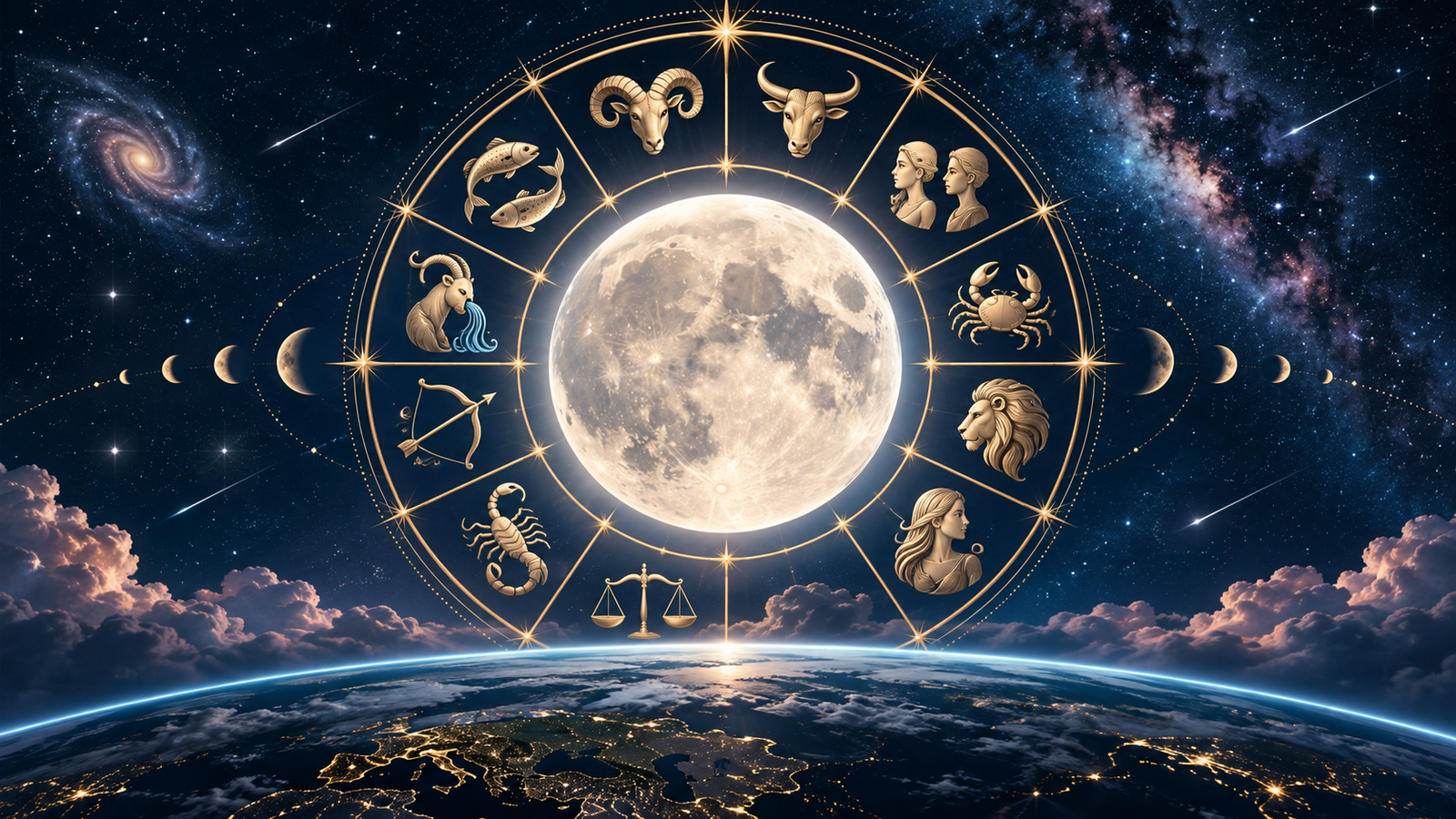 Lune lumineuse entourée des douze signes du zodiaque