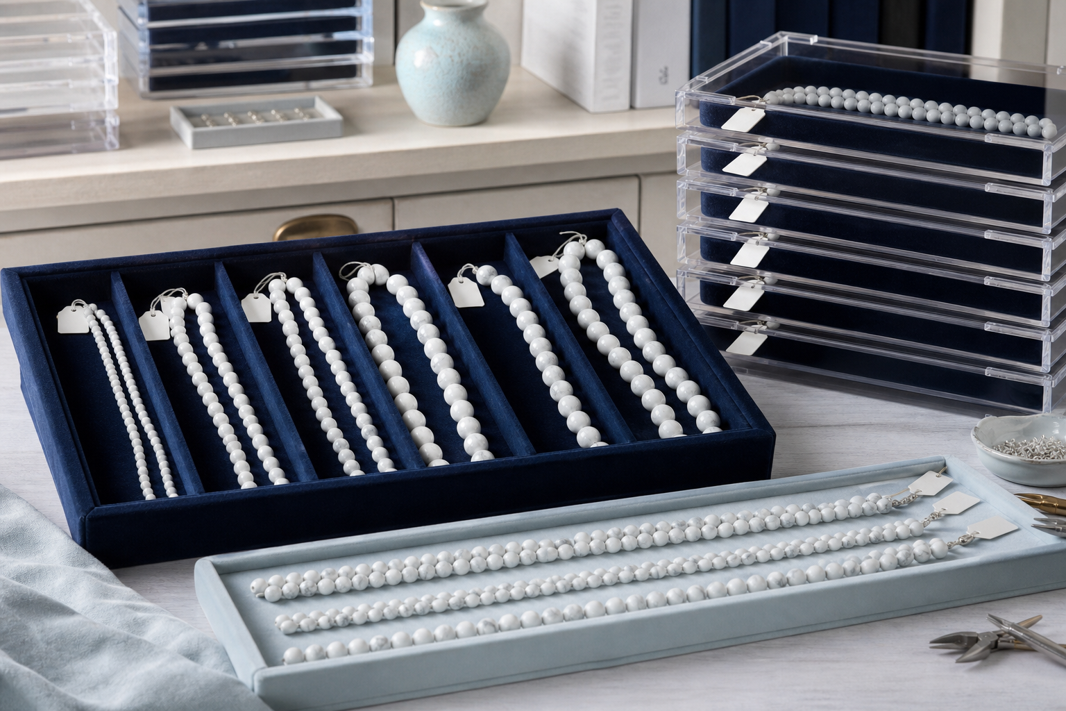 Fils de perles en howlite rangés par diamètre dans des plateaux séparés