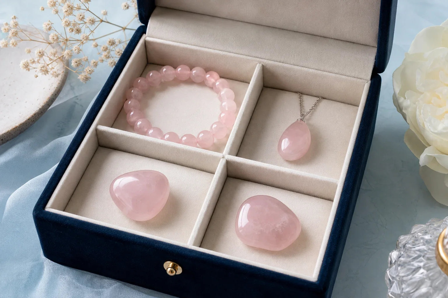 Bijoux et pierres en quartz rose rangés dans une boîte compartimentée