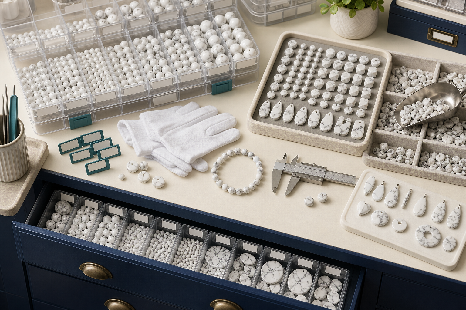 Atelier organisé avec perles de howlite triées dans des compartiments