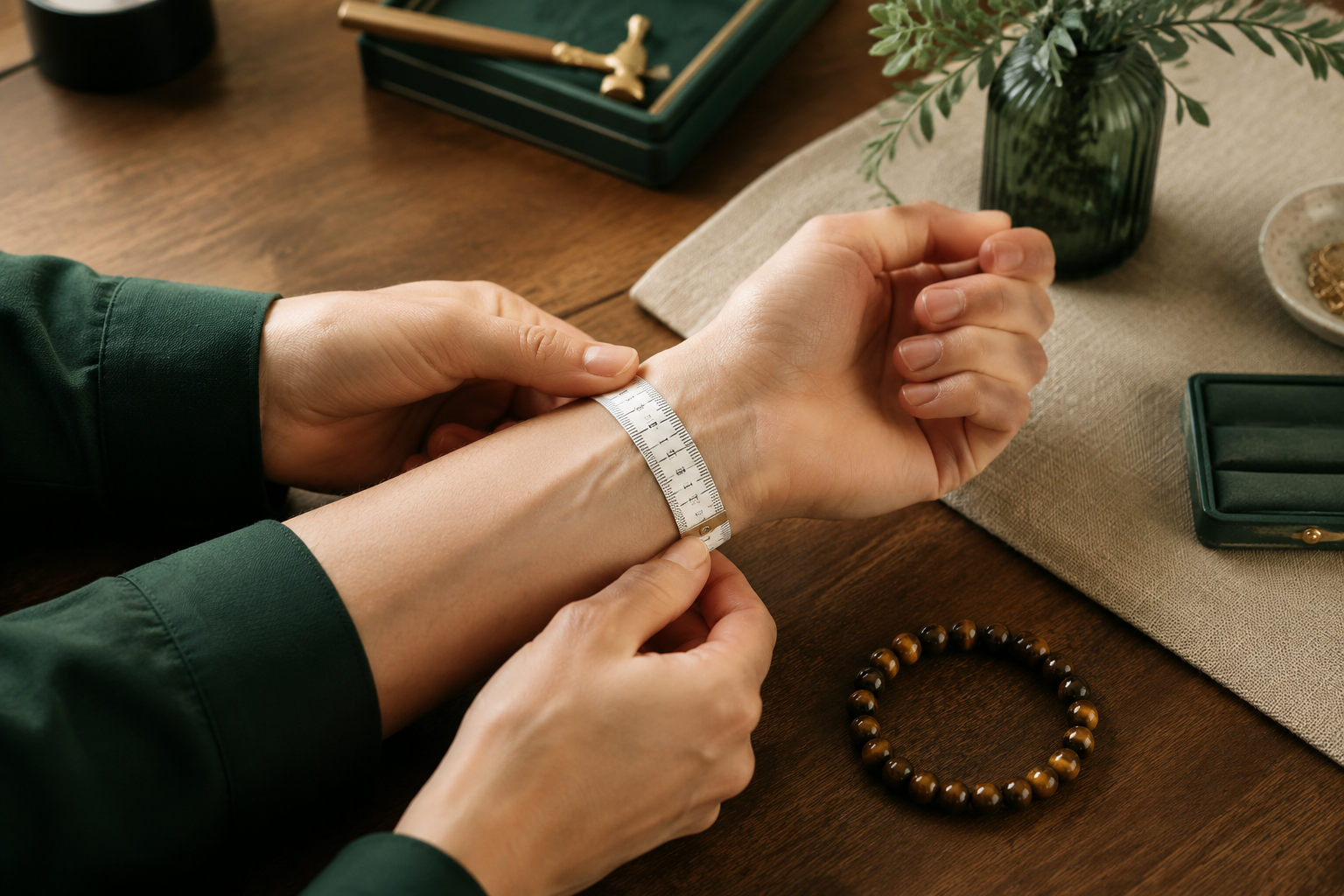 Mesure du tour de poignet avec un mètre souple et bracelet en œil de tigre