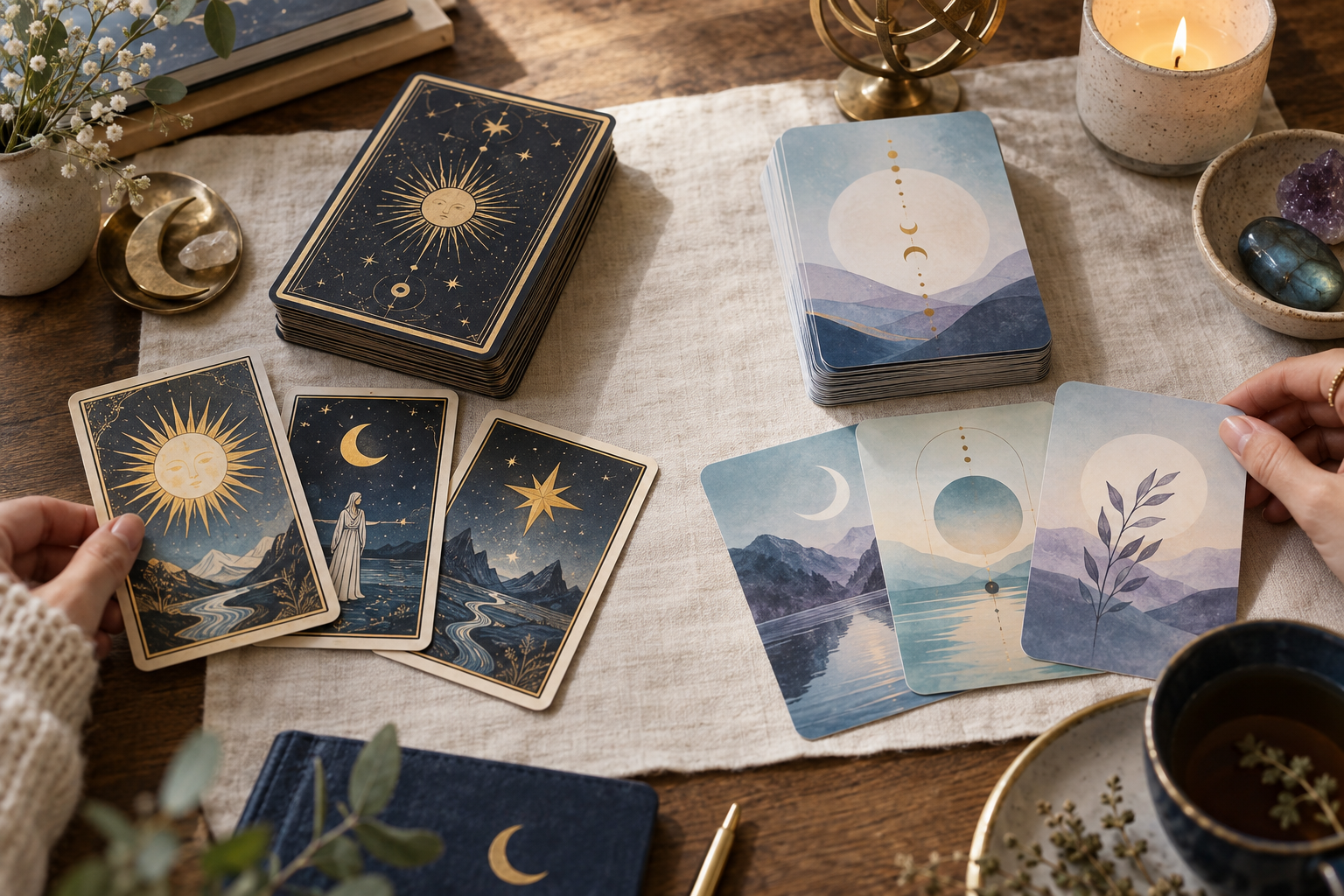 Tarot et oracle présentés côte à côte sur une table