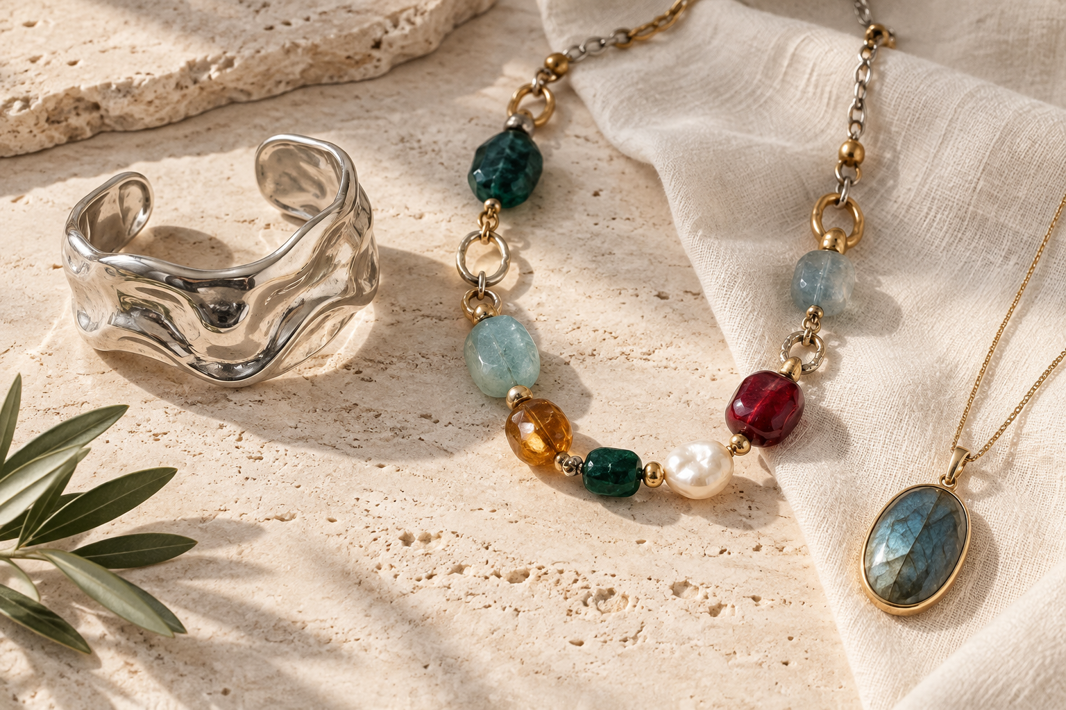 Bijoux tendance 2026 en pierres colorées, argent et métal doré