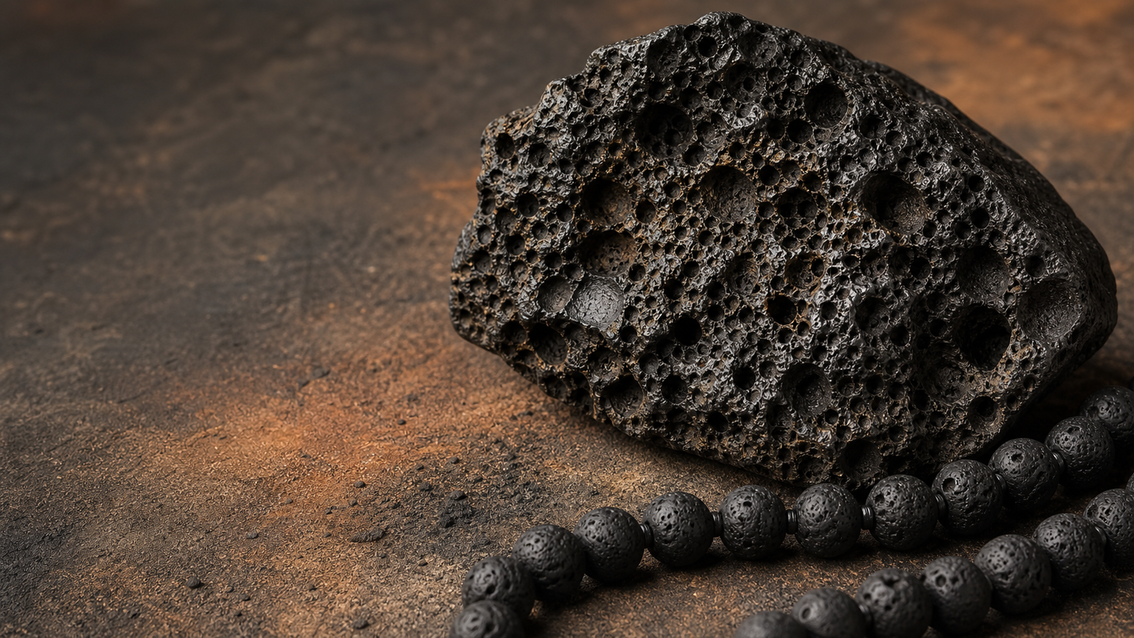 Roche volcanique vacuolaire et perles en pierre de lave noire