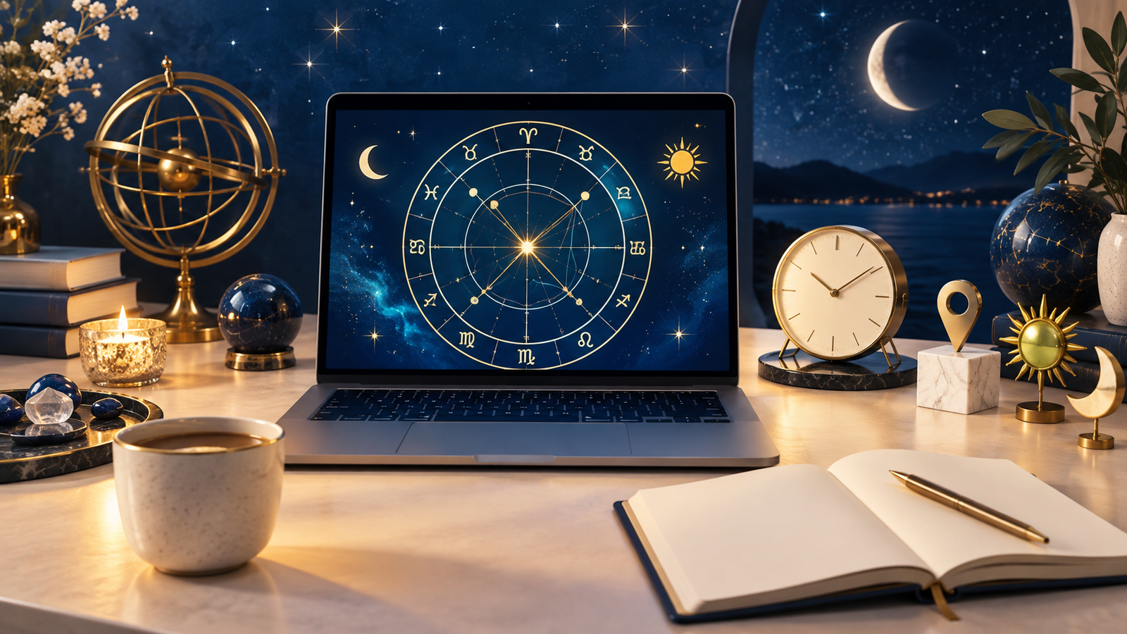 Ordinateur affichant une carte du ciel avec une horloge et un repère géographique