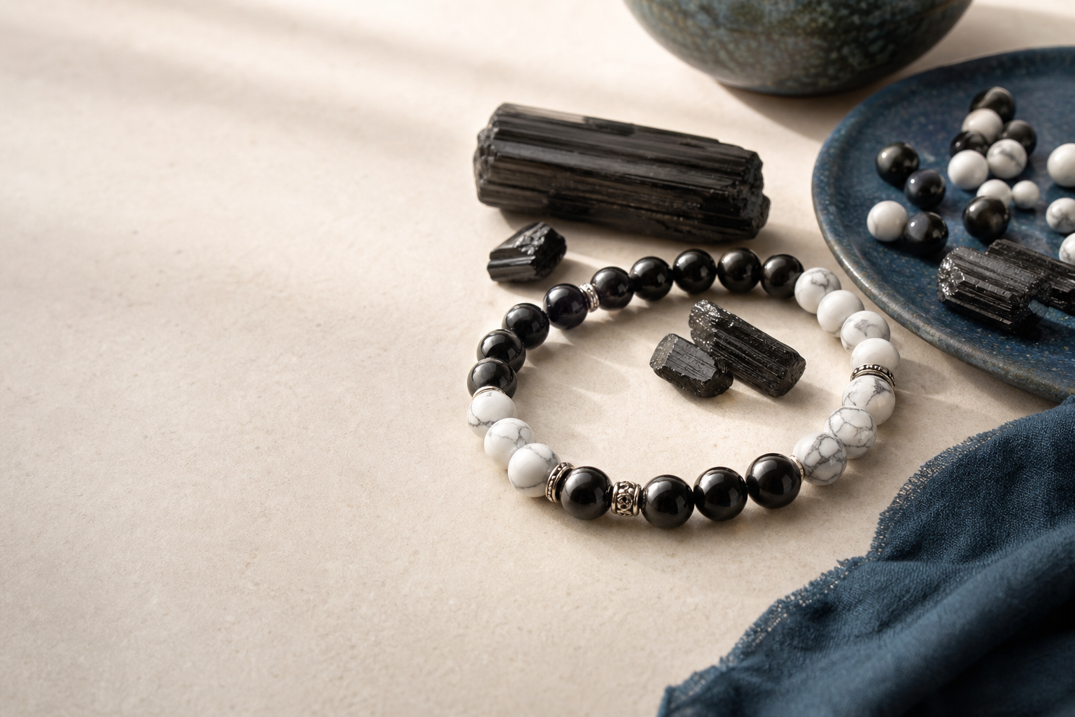 Tourmaline noire et howlite blanche associées dans un bracelet