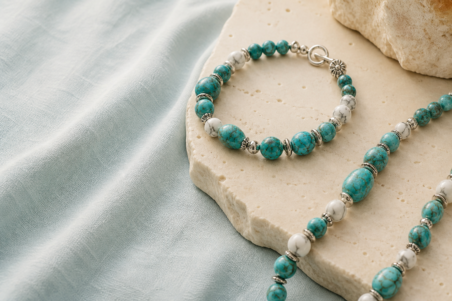 Bijoux en turquoise naturelle et howlite blanche