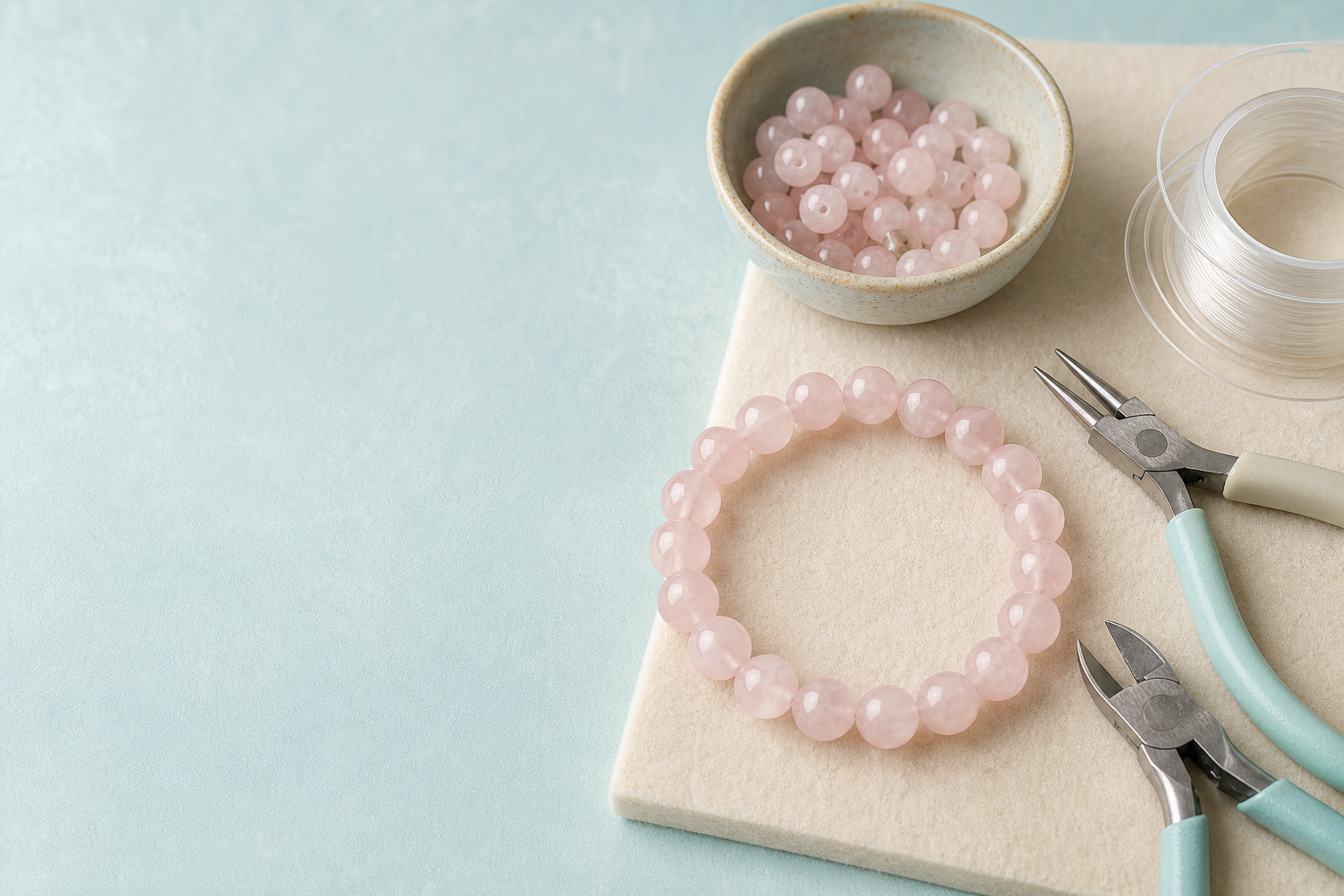 Bracelet élastique fini en perles de quartz rose