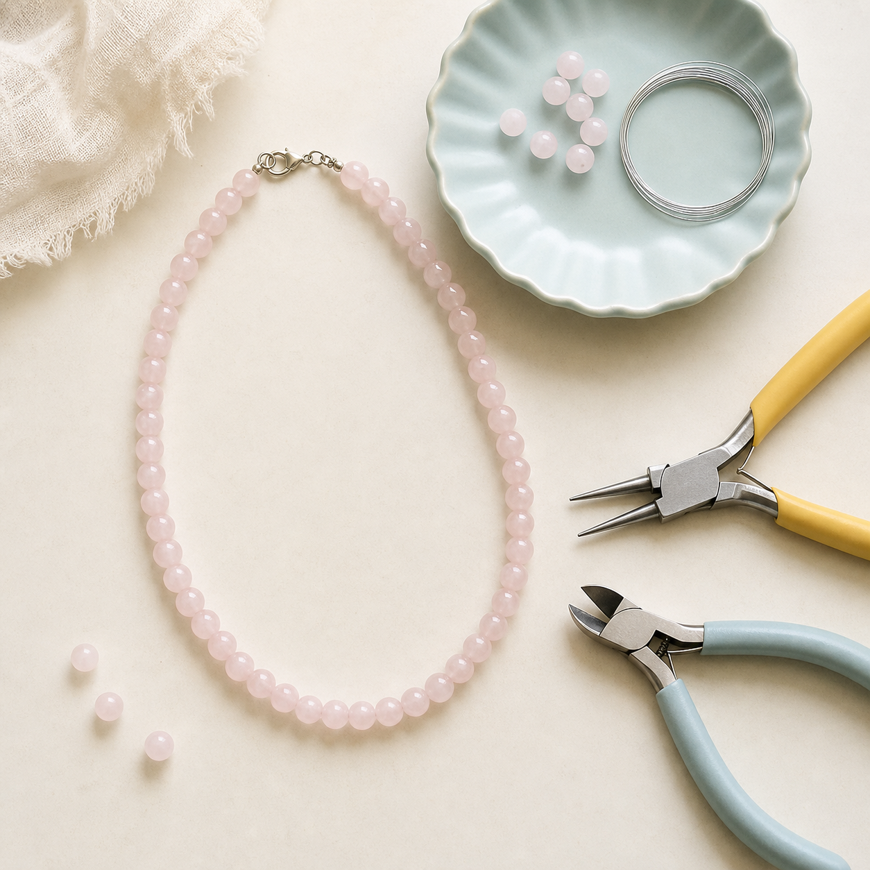 Collier en perles de quartz rose terminé avec outils de création